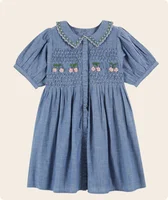 Robe en jean plissée pour fille, broderie florale, collection été 2026, manches courtes, style princesse, vêtements pour enfants 4
