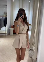 2024 Summer Elegant Women's Jumpsuit With Belt Fashion Sleeveless Turndown Collar Slim Short Jumpsuits Female Sping Lady Romper - Image 3
