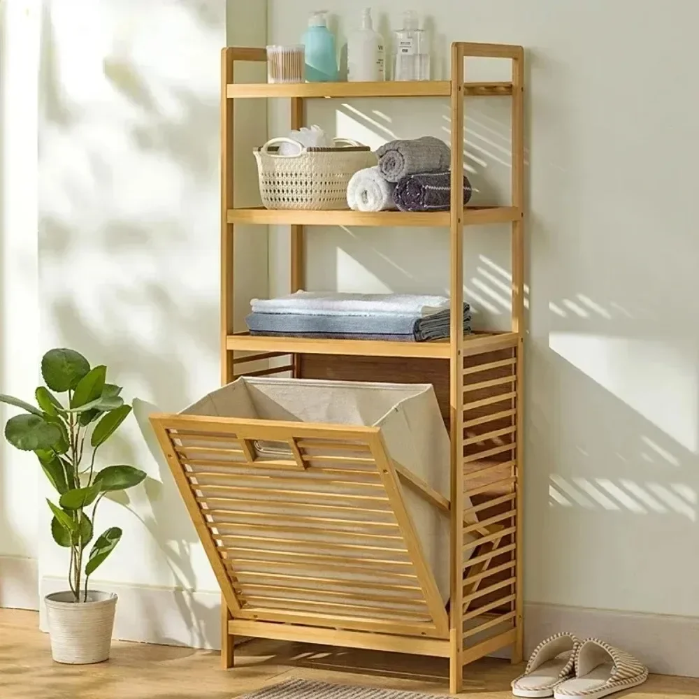 Dirty Clothes Storage Basket Side Rack With Shelf Wooden Storage Hamper Multi-function 3/4 Tier Bathroom Racks Laundry Hamper