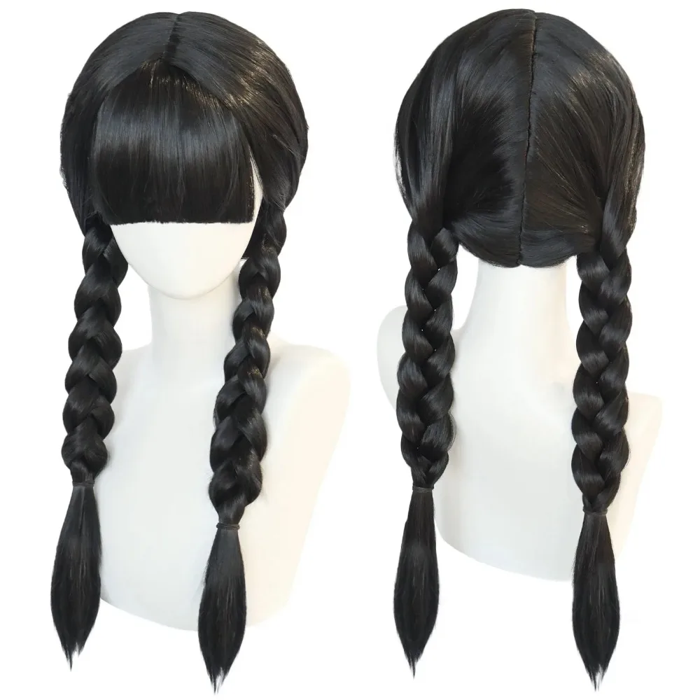

Wed Cosplay Costume Addams Disguise Wig Synthetic Long Black Braids Hair with Bangs for Adult Halloween Carnival Party Roleplay