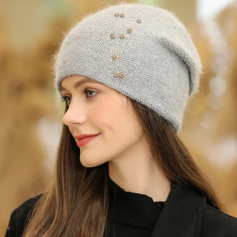 Heißer Verkauf Frauen Winter Hut Schmücken Beanie Hut Kaninchen Fell Mischung Winter Dandy Kappe Weibliche Casual Streetwear Gestrickte Hut Neue Jahr – Detail 2