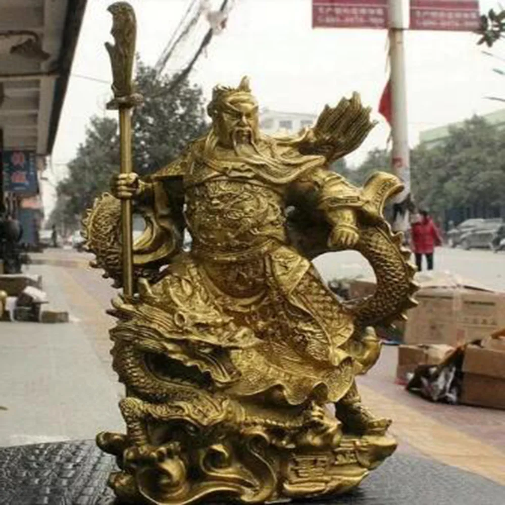 

China Brass Dragon Robe Stand Dragon Warrior Guan Gong Yu Door-God Sword Statue