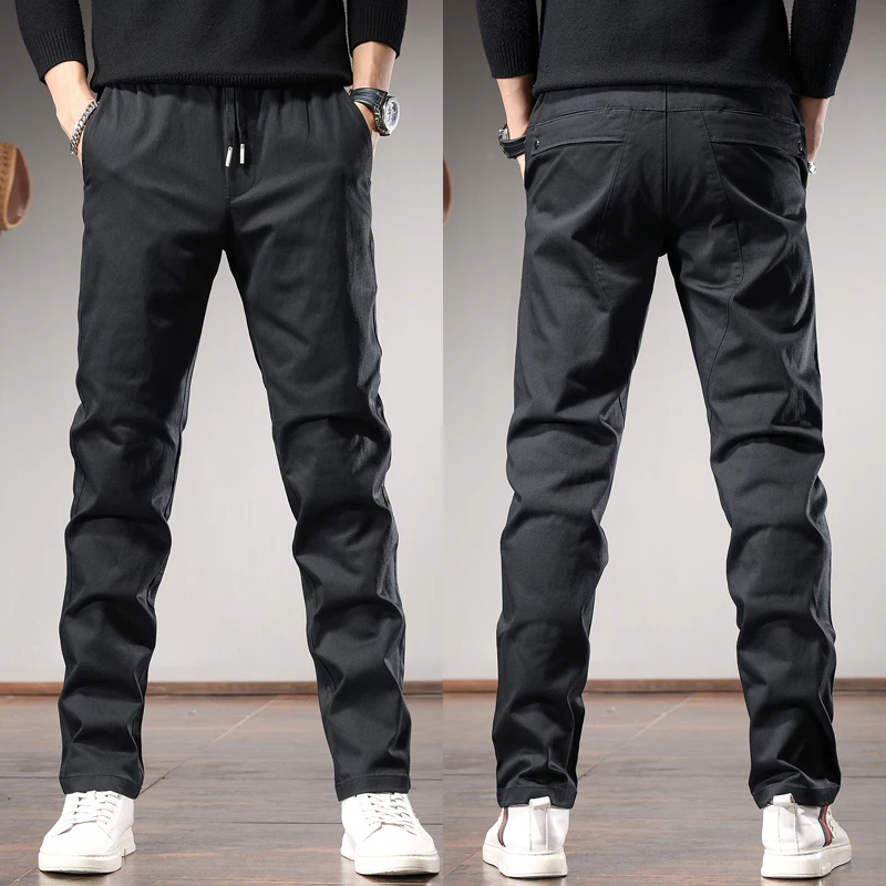 Autumn Casual Black Straight Pants Men Korean Style Social Slim Fit Elastic Waist Drawstring Trousers