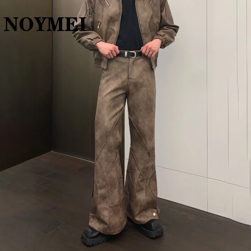 

NOYMEI Niche Deconstruction Design PU Leather Pants Men's Straight Wide Leg Trousers 2024 Spring New All-match Pleated WA3855