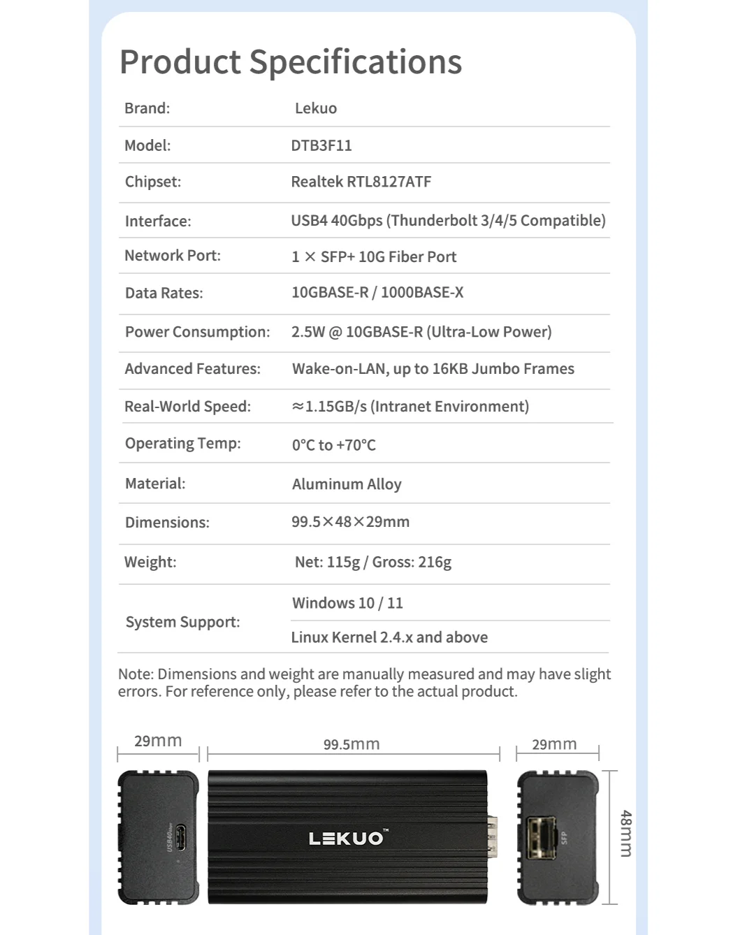 레쿠오 싱글 포트 10G SFP+ USB4 네트워크 카드 Realtek RTL8127ATF 썬더볼트 3/4/5 호환 윈도우/리눅스용 NAS 및 워크스테이션용