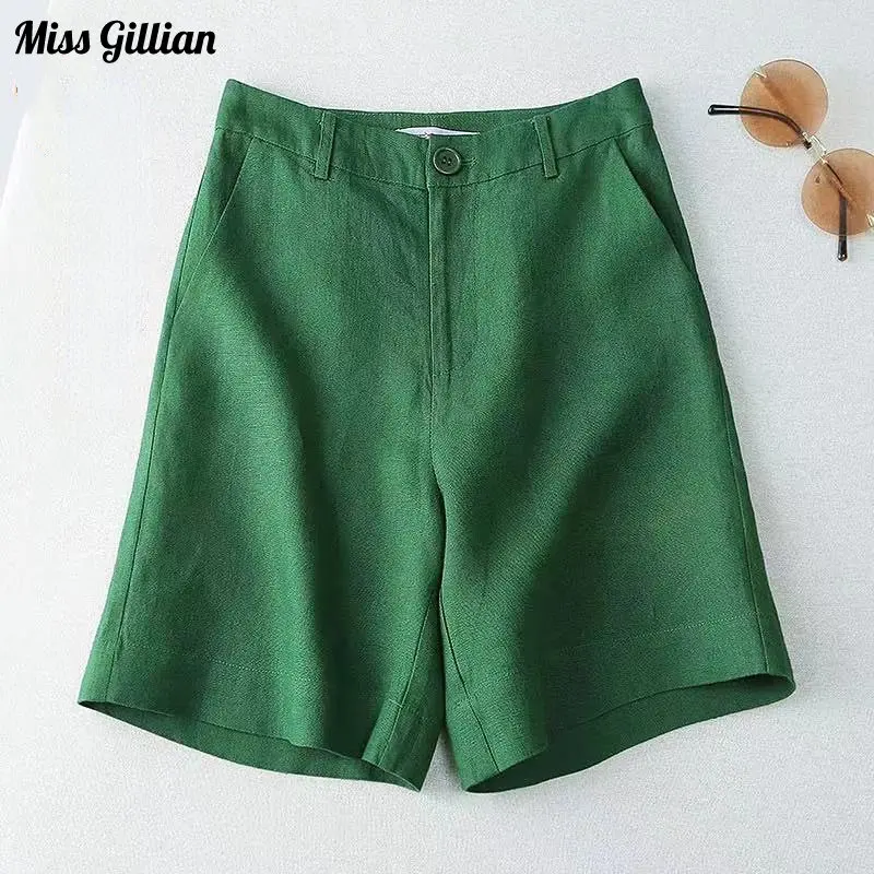 

Connon Linen Shorts Women High Waist Casual Pants Button Solid Color Straight Suit Shorts Summer Female Clothing Basic Trousers