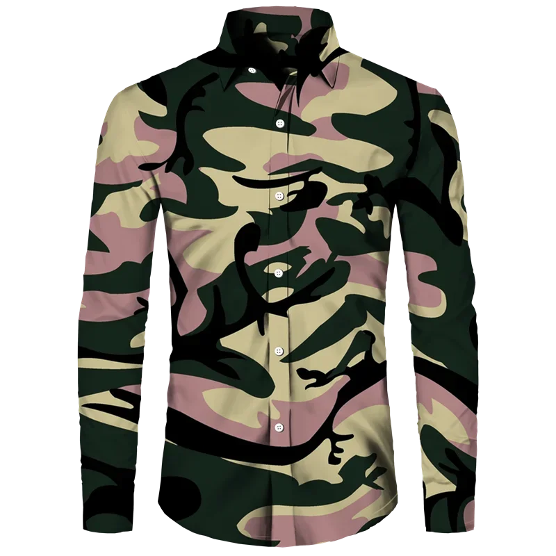 thumbnail image 1 of Camisa de primavera y otoño más nueva para hombre, camiseta de manga larga con estampado 3D de camuflaje, camisa informal con cuello vuelto y botones, camiseta para hombre y mujer, 1 of 5