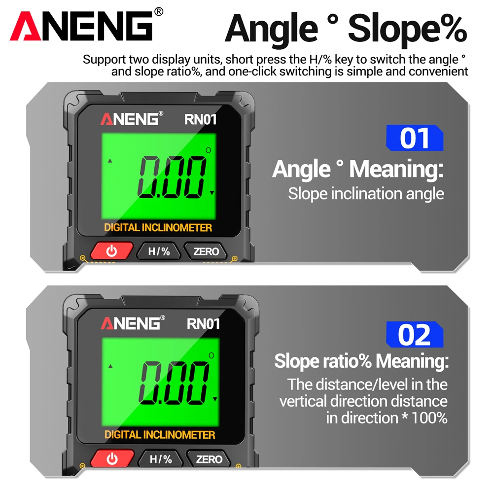 ANENG RN01 스마트 디지털 각도계 전자 레벨 도구 ? 360 ° 경사/각도/경사각 측정기 백라이트 각도기