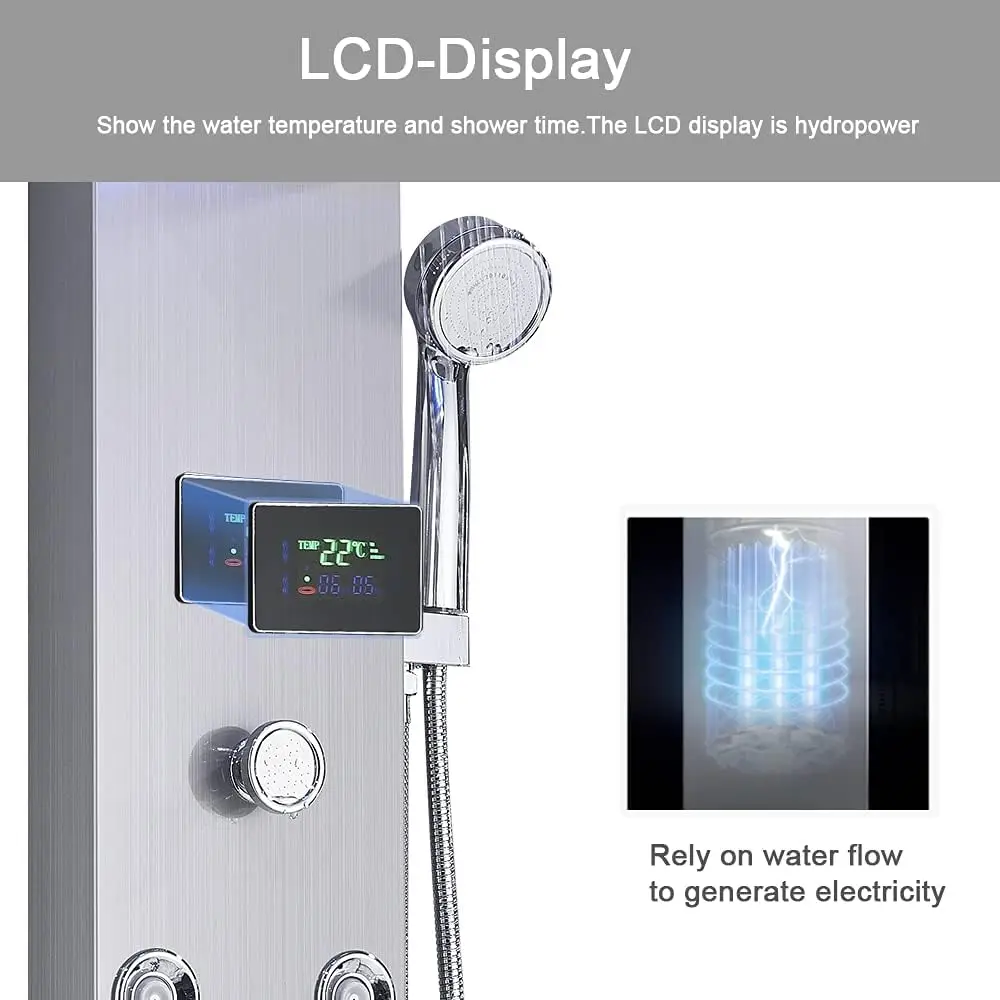 Contemporary Shower Panel Tower System Stainless Steel 6-Function Faucet LED Rainfall Waterfall Shower Head + Handheld Spray