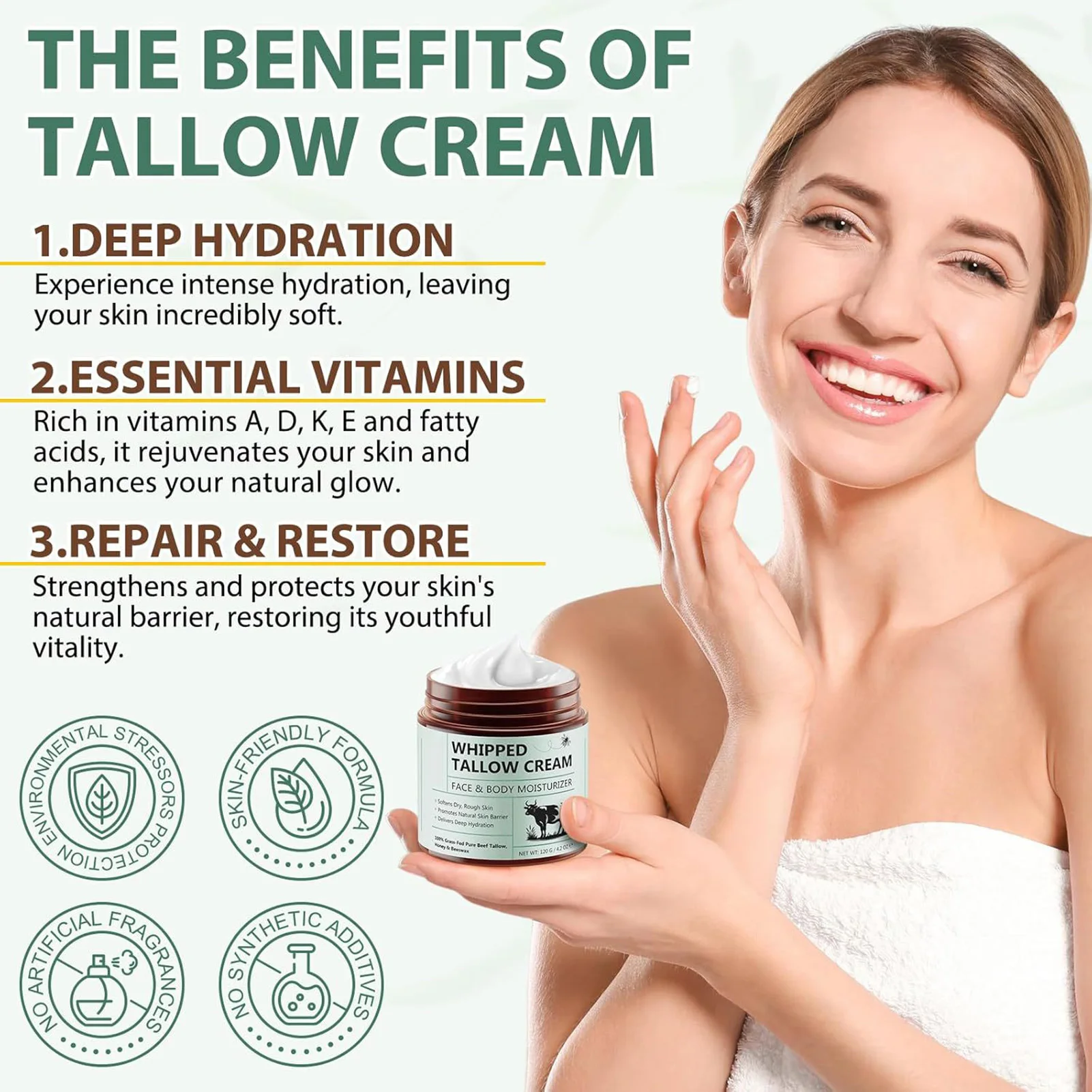 Organic Whipped Tallow & Honey Beeswax Deep Moisturizing Face & Body Cream, 120g