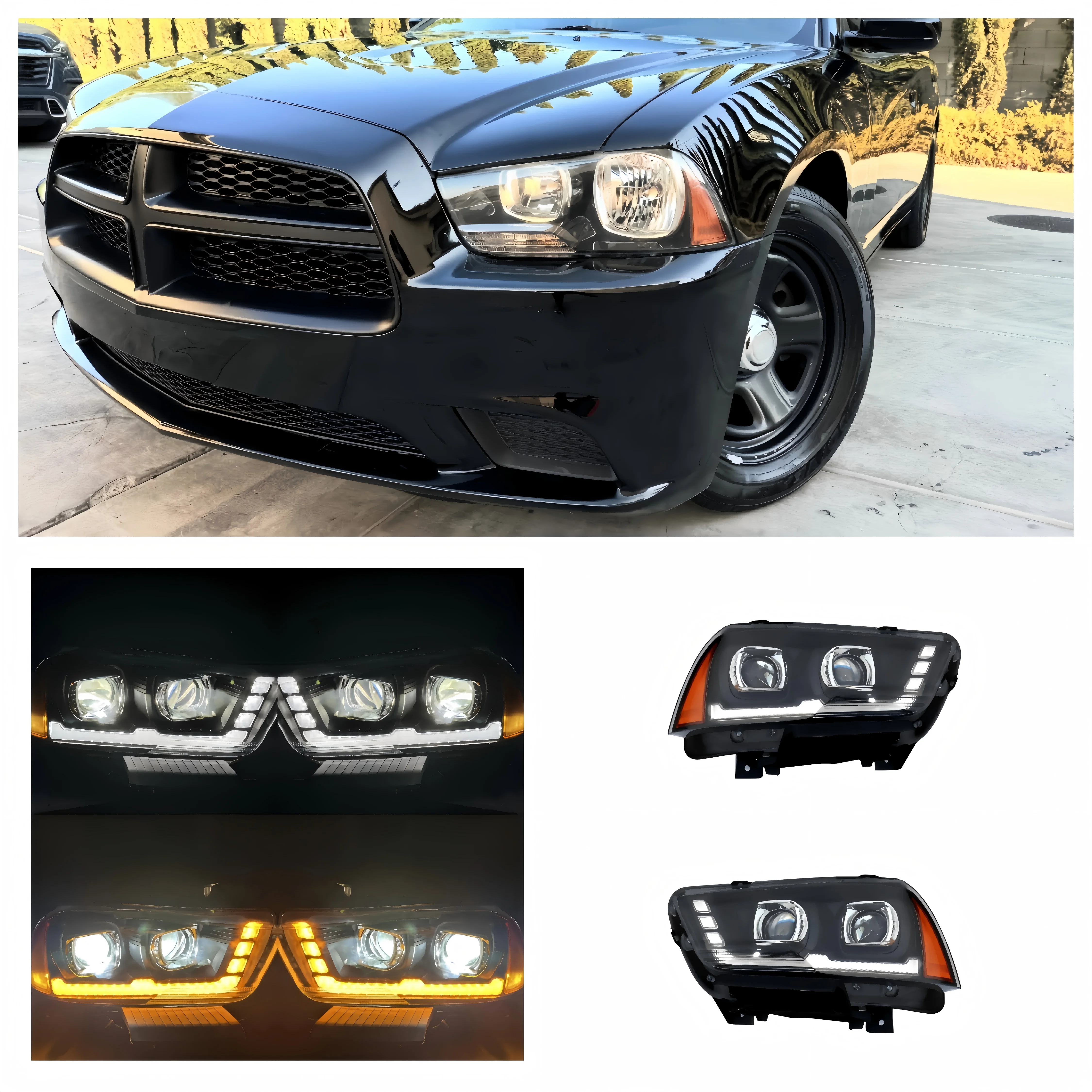 1PCS LED Headlight compatible with Dodge Charger 2011-2014(Not for Xenon Models), LED Headlamp Projectors with Dual Beam Lens