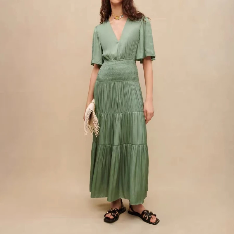 

2023 Summer New Arrivals Top Quality Women Fashion Vintage Green Solid Folds V-neck Mid-calf Dresses for Daily