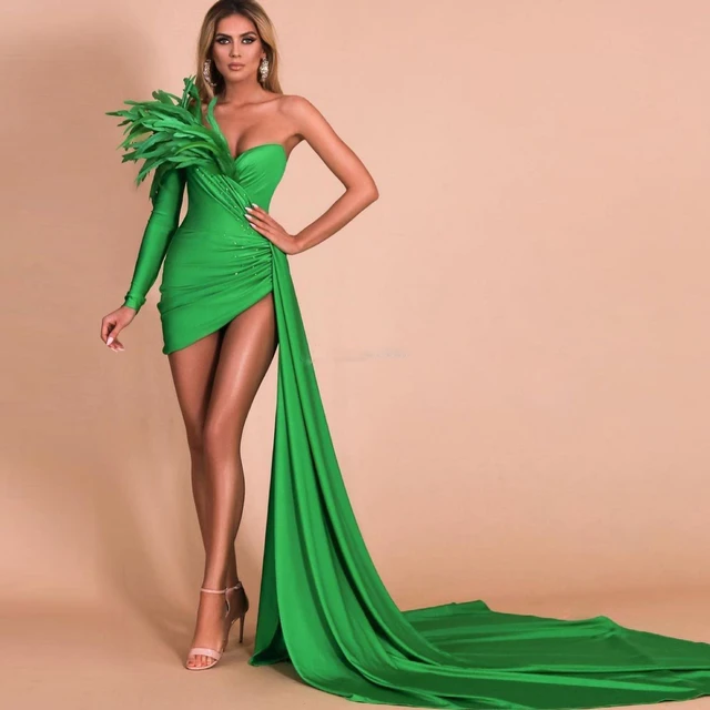 Mini robe courte en plumes pour femmes, vert fluo, robe de soirée pour  filles, robe de cocktail, col carré, sur mesure, mode - AliExpress