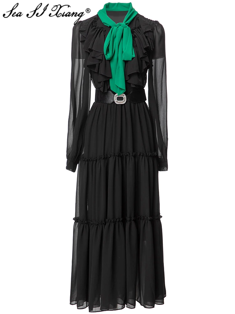 

Seasixiang Fashion Designer Spring Long Dress Women Lace-up Collar Lantern Sleeve Ruffles Crystal Sashes Vintage Dresses