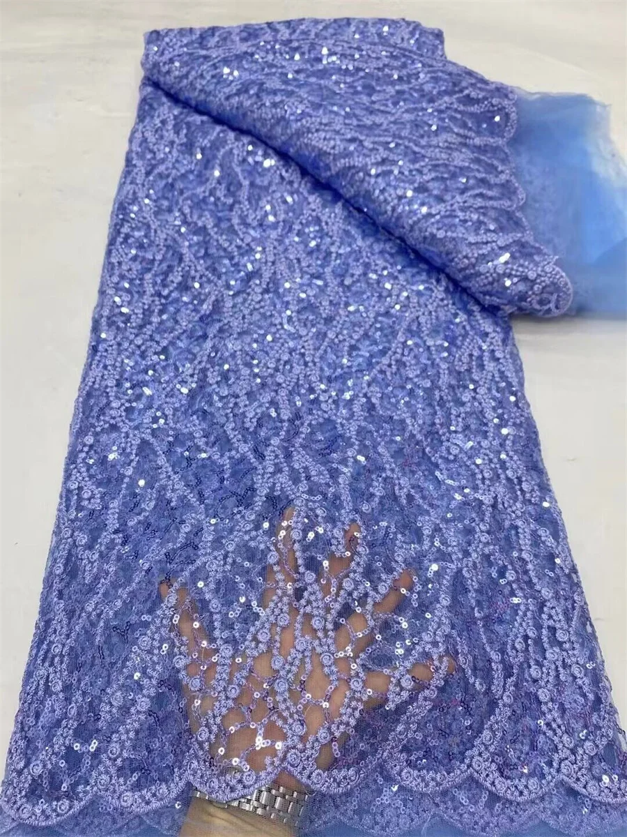 

5 Yards Blue African Tulle Mesh Lace Fabric French Net With Sequins Nigerian Embroidery Dress Material Tissus Dentelle PN15