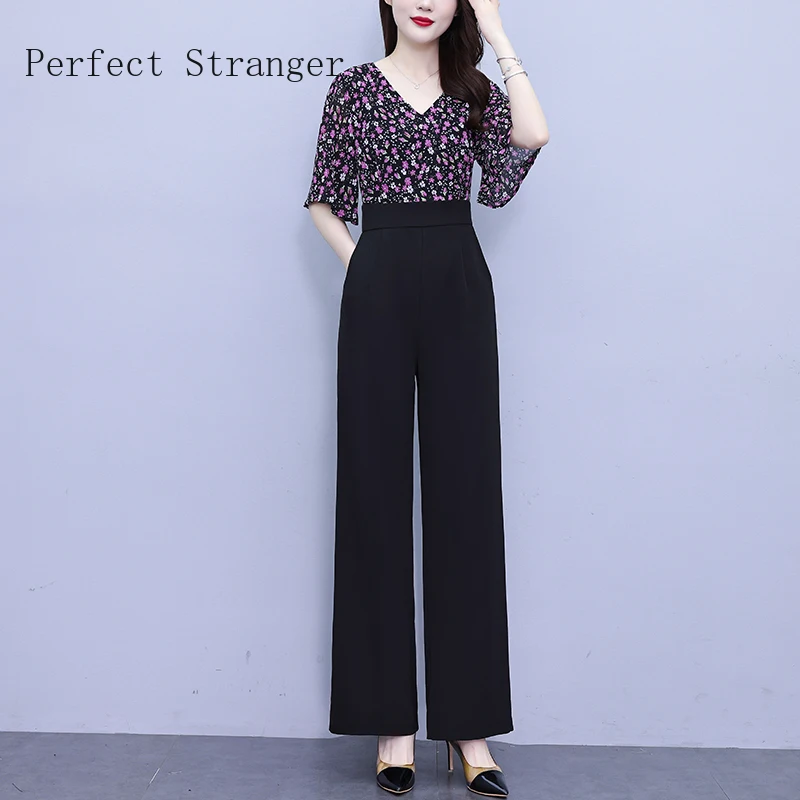 

Женский элегантный джемпер с V-образным вырезом, повседневный женский джемпер из двух частей с цветочным принтом, широкими штанинами и карманами, большой размер, лето 2024