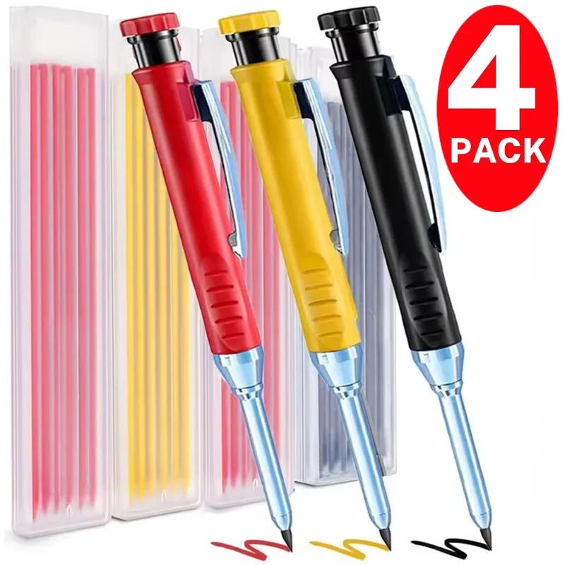Solid Carpenter Pencil with Refill 4-1Pack 40mm Long Nosed Deep Hole Mechanical Pencil Marker for Woodworking Construction