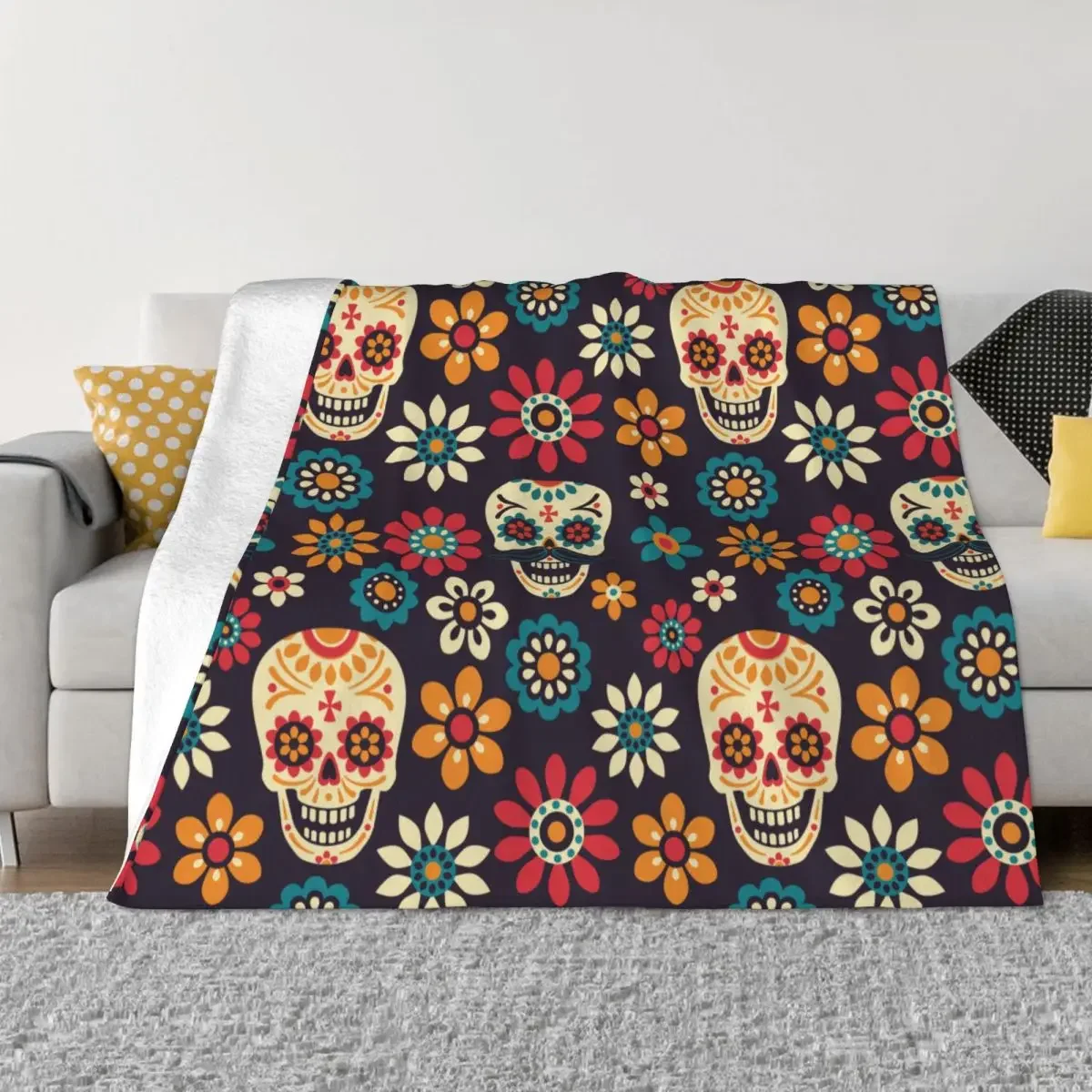 

Day Of The Dead Halloween Blanket Sugar Skull Flower Flannel Awesome Breathable Throw Blankets for Chair Covering Sofa Summer