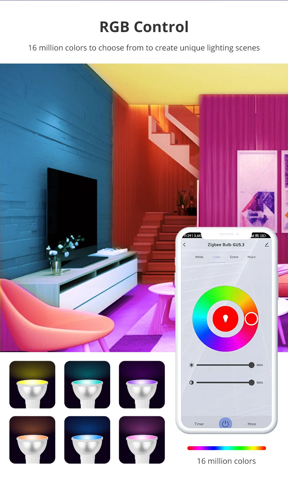 Zigbee GU5.3 Smart LED Spotlight RGBCW Dimmable Light Bulb Work with Tuya Alexa