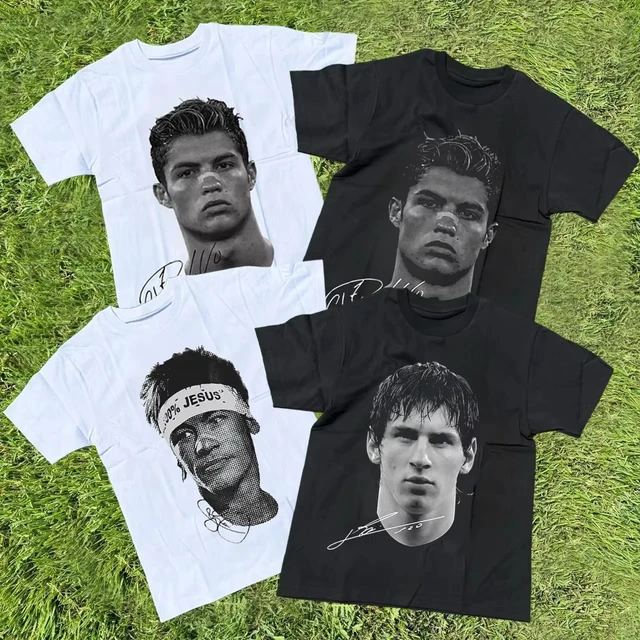 Cristiano Ronaldo Neymar Lionel Messi Football Superstar Portrait Printed Tee Men Women Cotton Loose Casual Short Sleeve Tshirt 1