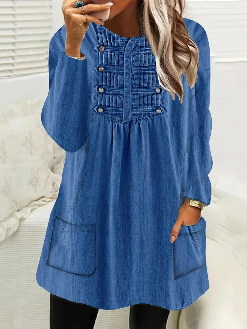 

Plus Size Women Long Sleeve Scoop Neck Stitching Pockets Tops