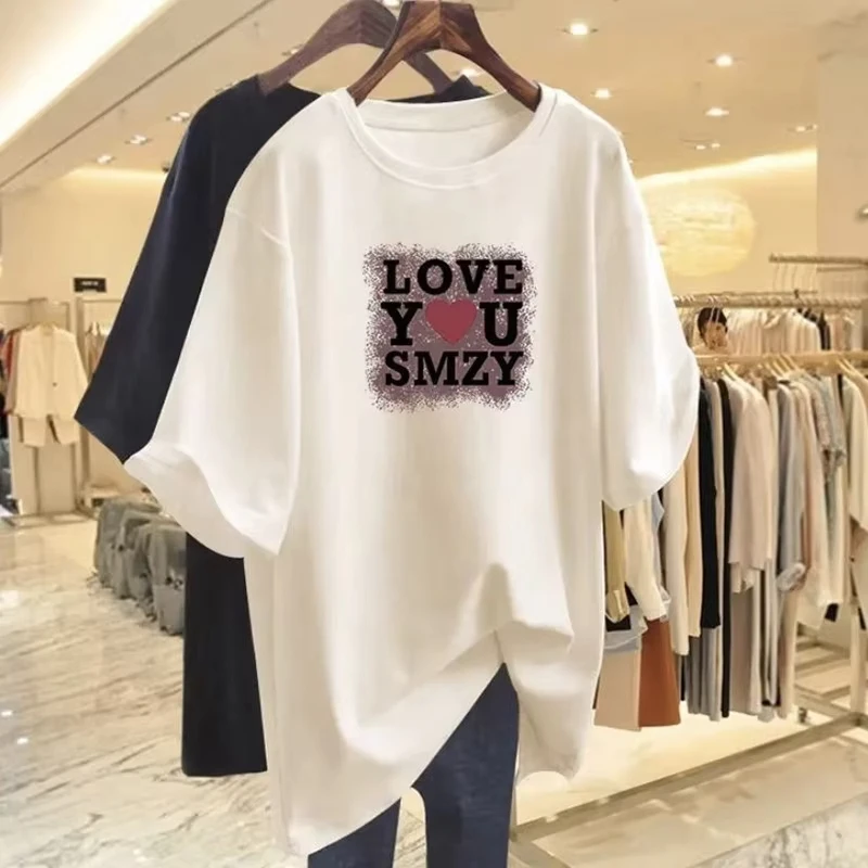 Damenbekleidung: Lockeres T-Shirt aus reiner Baumwolle mit Sommer-Letter-Love-Print, kurzärmelig, lässig, Basic, O-Ausschnitt, vielseitig bedruckte Oberteile – Detail 8