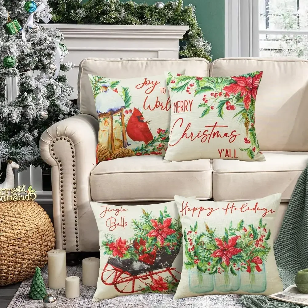 

Flower and Bird Christmas Cushion Cover Festive Decor Square Pillowcase Home Decoration Sofa Bedroom Living Room Office