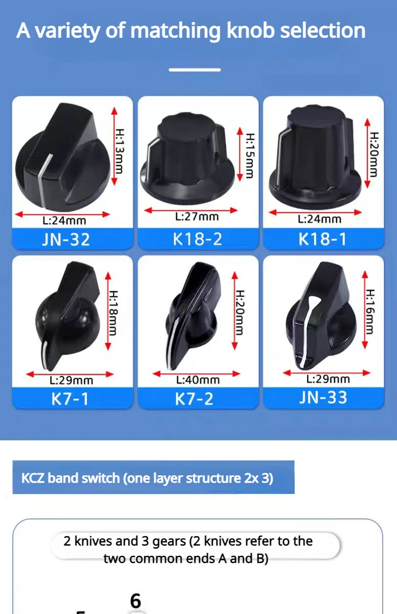 Description Picture 6 of itemKCZ Band gear rotary switch 1 pole 6/7/8/9/10 3W2D 4W2D 5W2D 3W3D position with channel rotary switch selector with cap