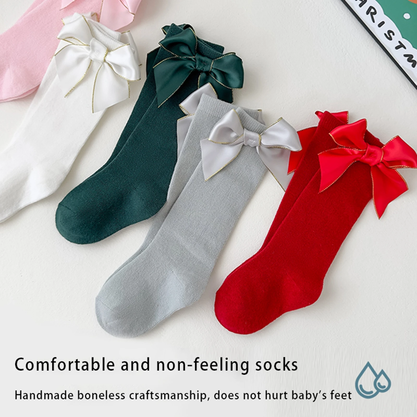 

BeQeuewll Baby Kids Girls Long Socks Sweet Bow Socks Soft Elastic Lightweight Toddler Socks for Daily Christmas