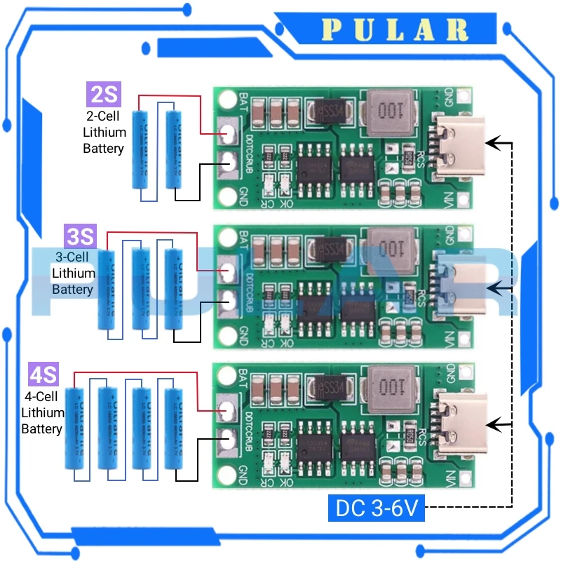 Lithium Battery Charger 18650 Lithium Battery Multi-Cell 2S 3S 4S Type-C To 8.4V 12.6V 16.8V Step-Up Boost LiPo Polymer Li-Ion Charger 7.4V 11.1V 14.8V