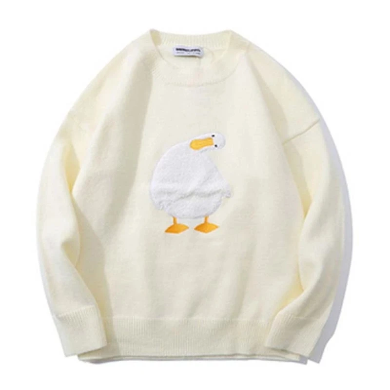 Harajuku Oversized Knitted Sweater Men Cartoon Duck Goose Embroidery Jumpers Japanese Fashion O-Neck Streetwear Couple Unisex turtleneck sweater men Sweaters