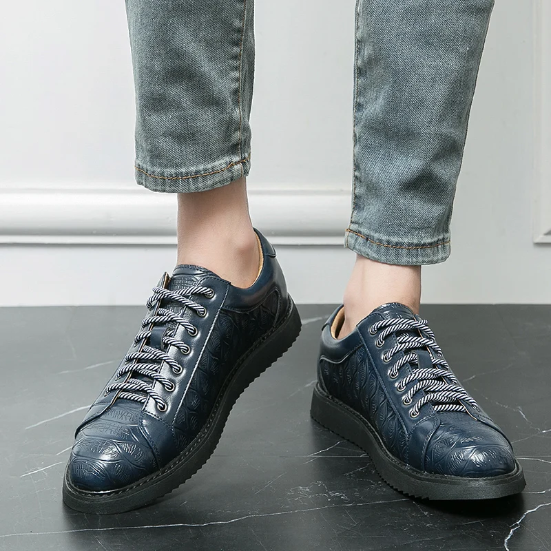 Spring New Men Casual Lace Up Board Shoes Handmade Leather Shoes Men Thick Soled Sneakers Comfort Driving Leather Oxford Shoes 5