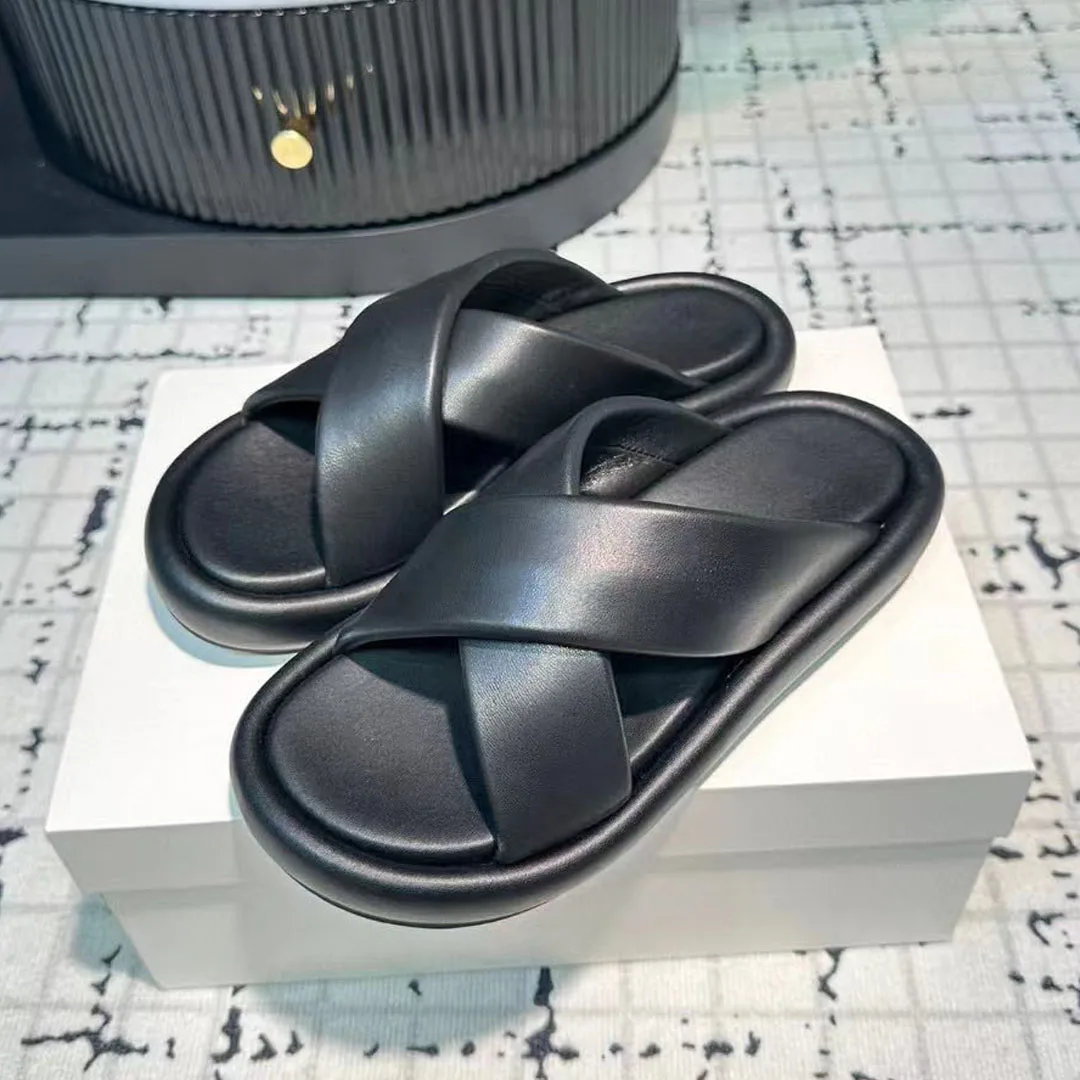 Summer Slippers Woman Open Toe Cross-tied Mules Shoes Casual Thick Sole Beach Shoes Comfort Genuine Leather Flats Slides Women
