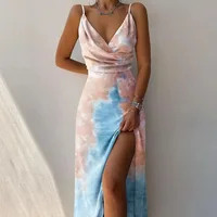 Summer Sexy Women's Camisole V-neck Slit Dress Elegant Sleeveless Gradient Slim Fit High Waisted Dress Maxi Vestidos Woman Party