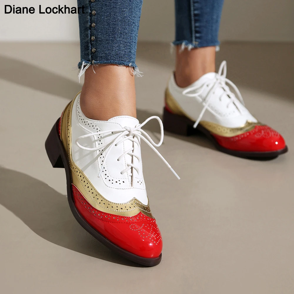 

British Style Lady Leather Shoes Cross-Tied Patchwork Low Heels Chaussure Grain Texture Breathable Round Toe Oxfords Flats Shoe