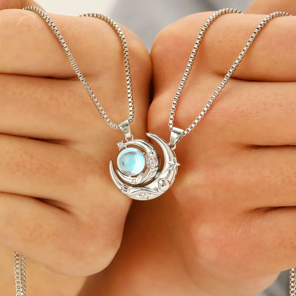2pcs Set Retro Hollowed Magnetically Attract Sun Moon Heart Crystal Pendant Couple Necklaces for Women Men Friend Jewellery Gift