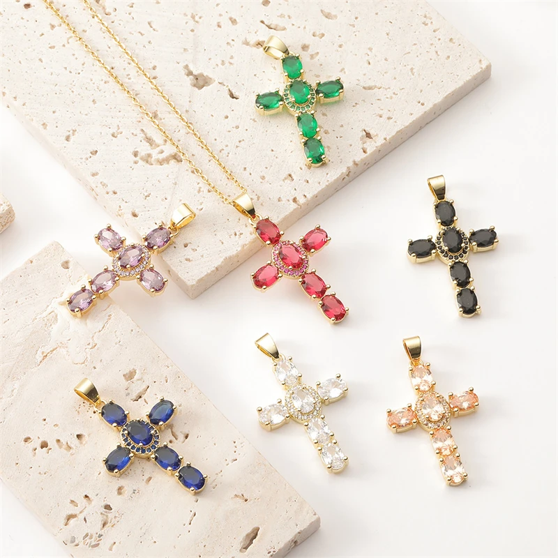 

Hot Sale 18K Gold Plated CZ Cross Pendant Necklaces Religious Cubic Zirconia Luxury Wedding Necklace for Women Gifts