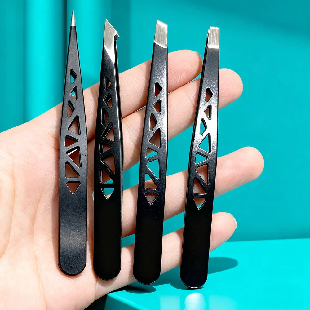 4개입 스테인리스 정밀 핀셋 전문가용 사선 끝, 평평한 끝 및 각진 끝 눈썹 정리 및 잔해 제거용