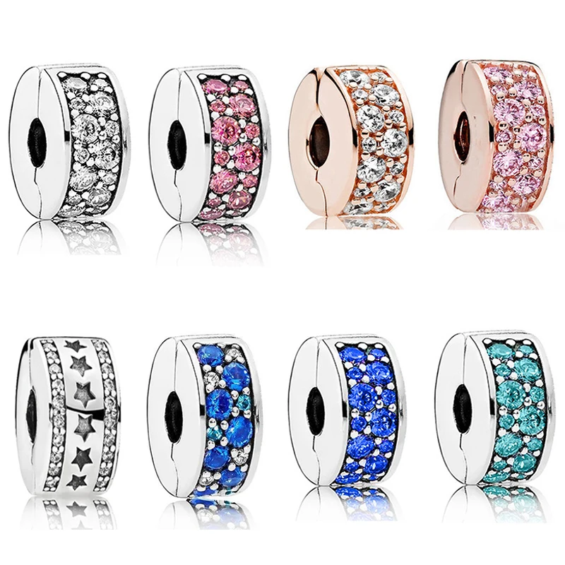 

Fit Pandora Pink Blue Teal Clear Pavé Clip Charm Colorful Crystal Clips Beads for Jewelry Making Women Bracelet Accessories DIY