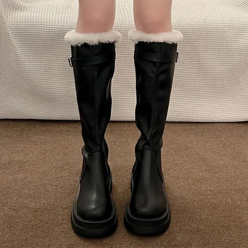 Chelsea Long Boots Women Fur Knee High Shoes New Winter Designer Warm Short Plush Motorcycle Boots Platform Flats Booties Femme