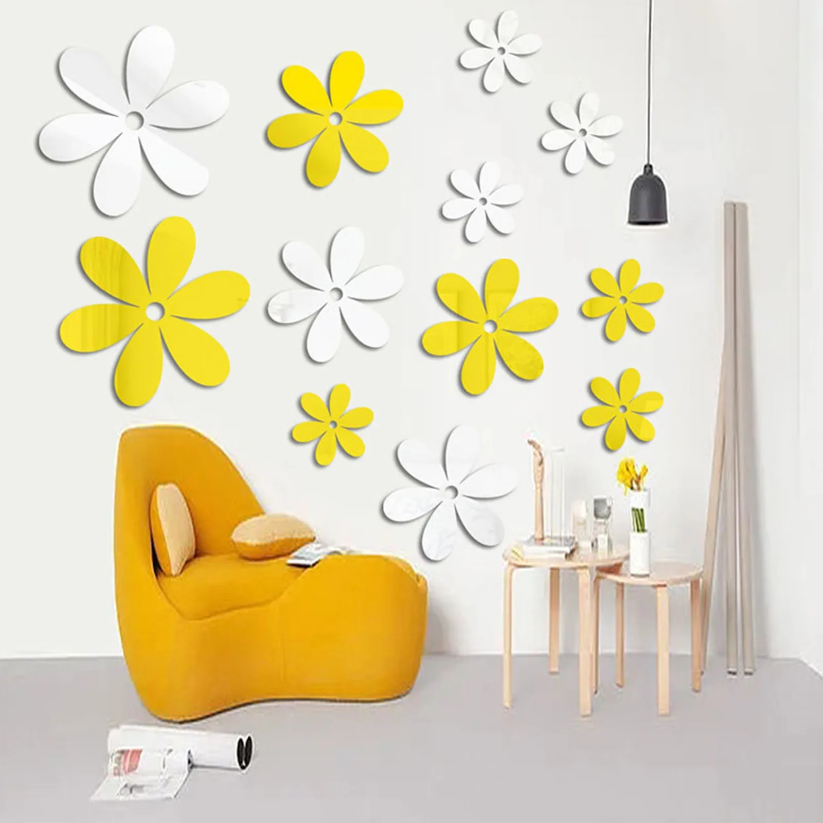 6 Pieces 3D Acrylic Removable Flowers Mirror Wall Stickers DIY Sticky Mural Stickers Flowers For Home Living Room Bedroom