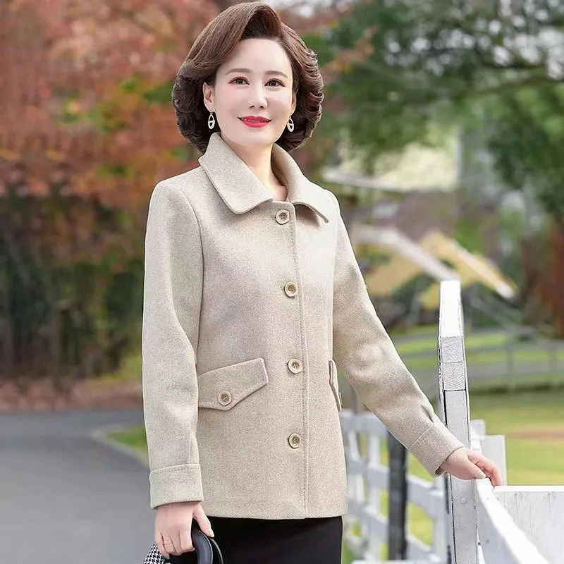 Fashionable Mother's New Woolen High-end Coat Middle-aged And Elderly Women Loose Slim Thin Casual Coat Tide In Spring And Autum