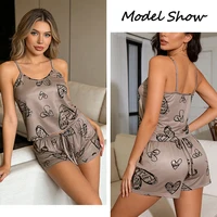 Pyjama décontracté pour femmes, vêtements de nuit sexy, imprimé, col rond, haut en soie glacée, ensembles T-Shirt et short, respirant, confortable, vêtements de maison 2