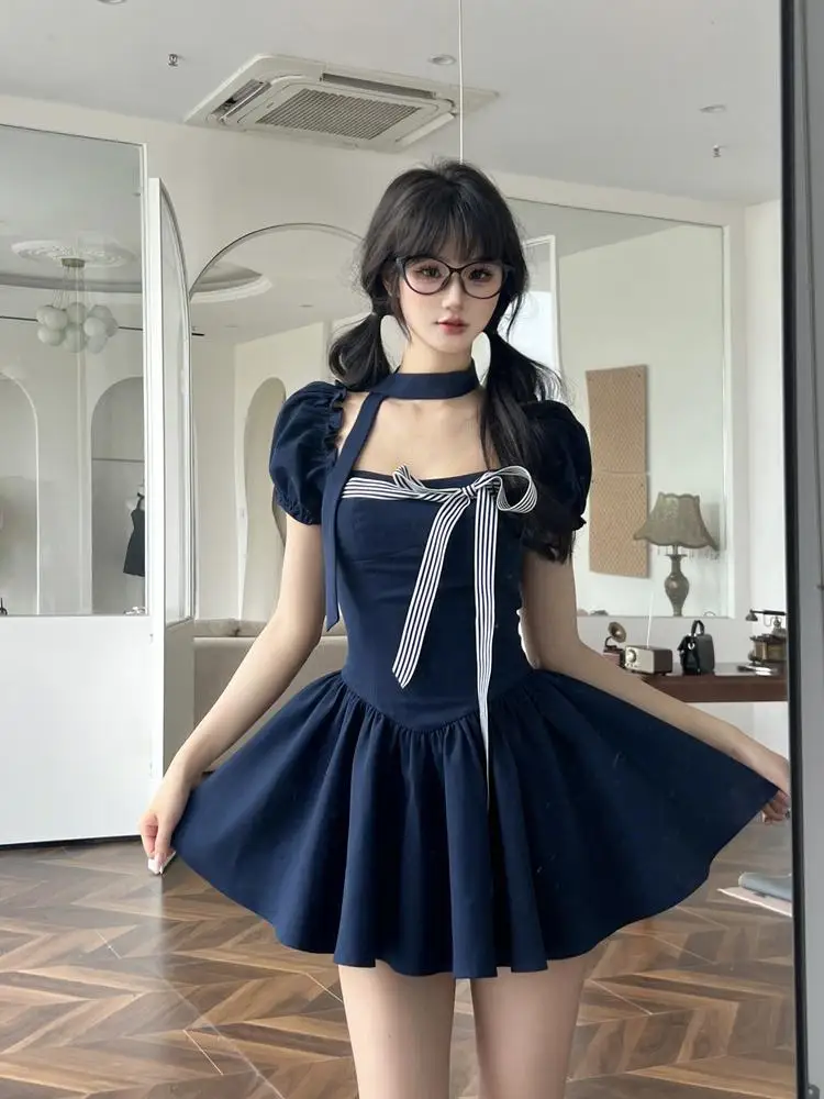 Vestidos cortos Y2K para mujer, cuello cuadrado, mangas abullonadas, volantes, corte A, liso, moda coreana de verano, dulce, de una pieza, Vestido para mujer