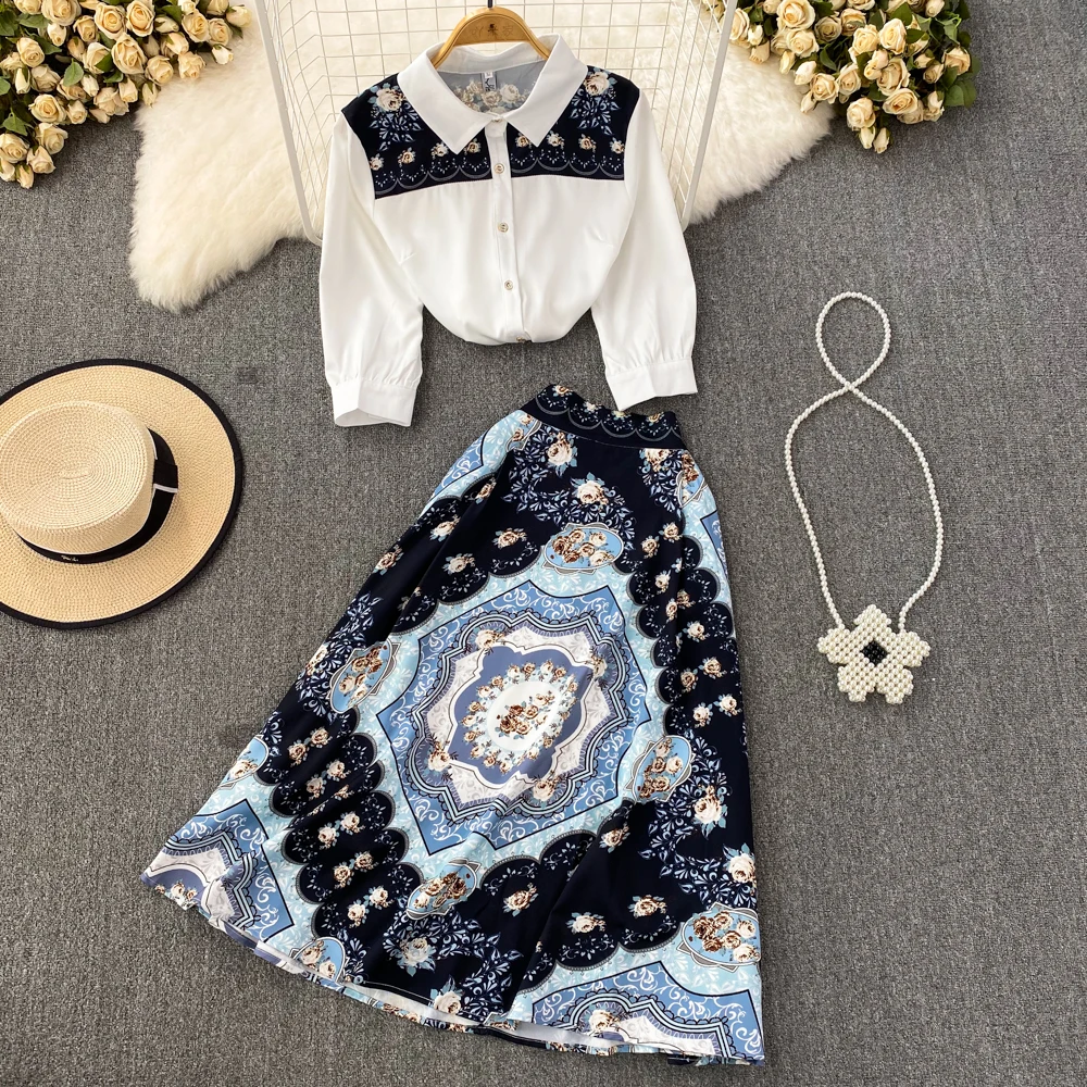 

Fashion Europe and the United States Retro Loose Single-breasted Shirt High Waist a Word Half-body Skirt Two-piece Set