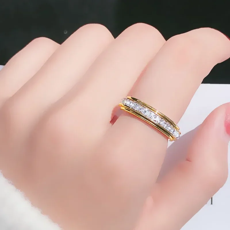 Women's Turnable Anxiety Relief Ring Healthy Slimming Stainless Steel Cubic Zirconia Ring Weight Loss Jewelry Accessories