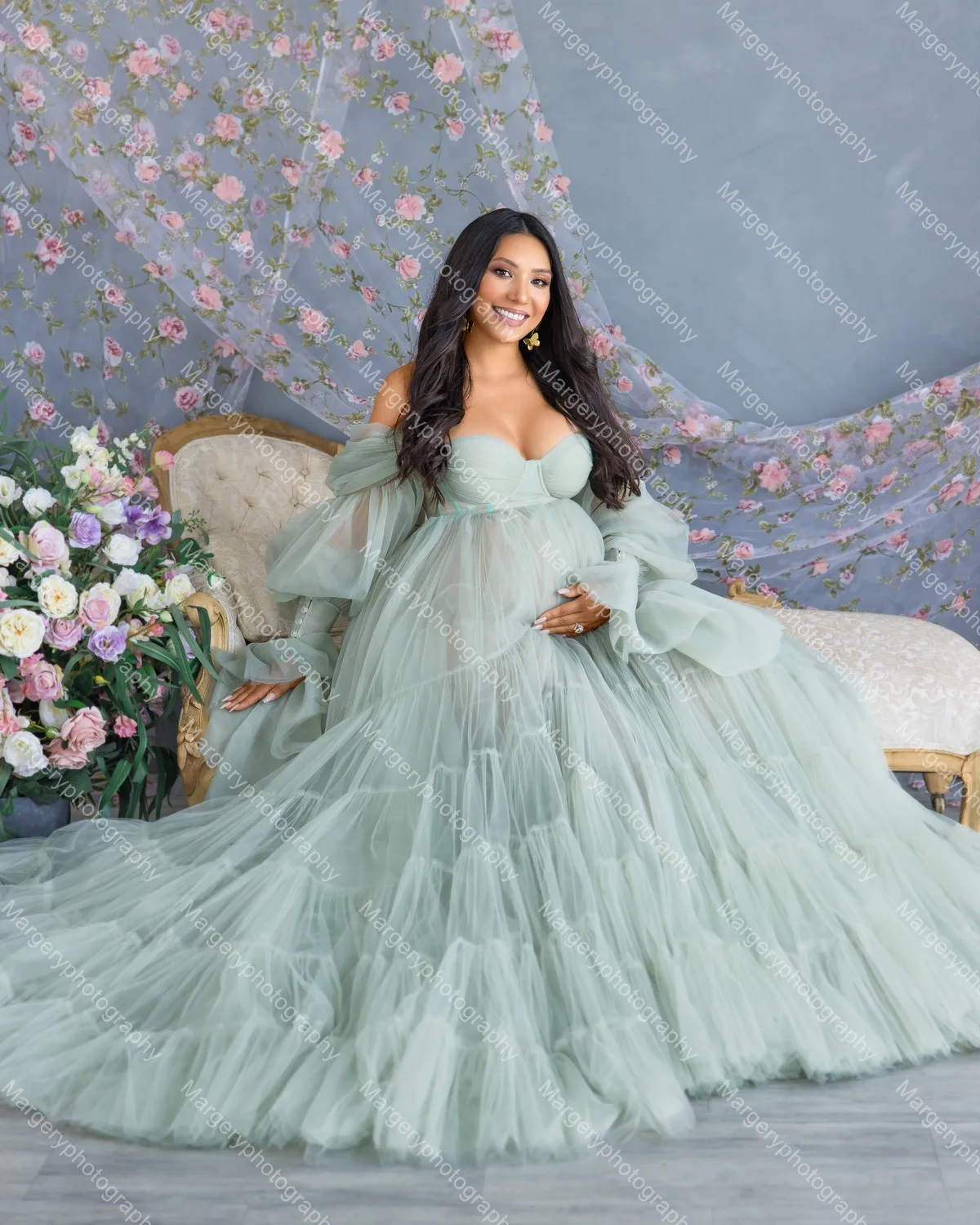 Off The Shouder Mesh Maternity Dress Pretty Sweetheart Tulle A Line Photo-shoot Dresses Puffy Full Sleeves Pregnant Women Gowns