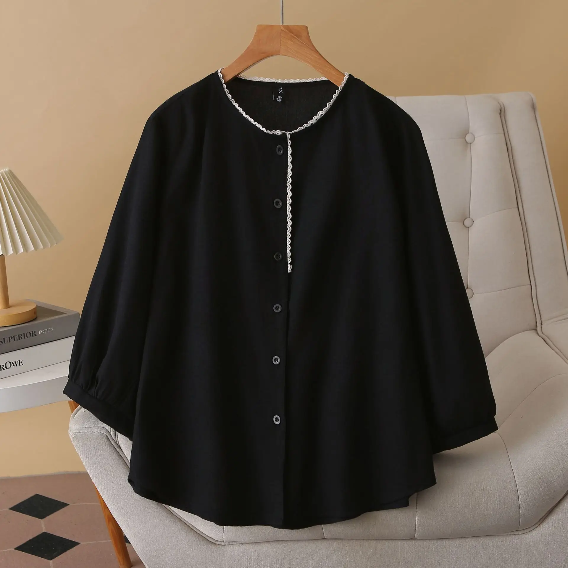 Plus Size Women's Bouses 2025 Autumn New Style Casual Lace O-Neck Three Quarter Sleeve Shirt 954