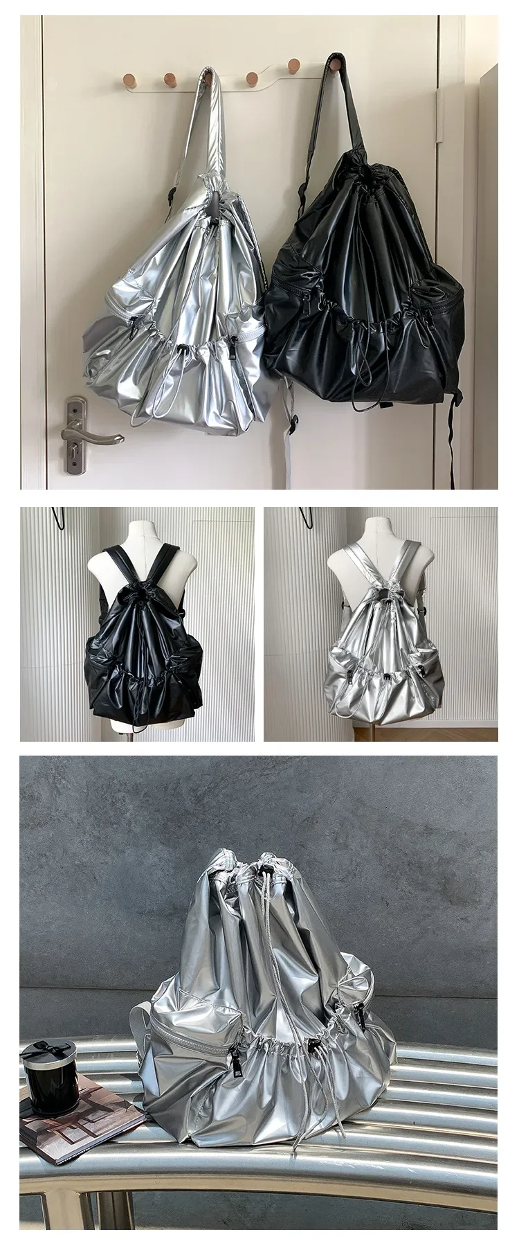 Fashion Silver Black Ruched Drawstring Backpacks For Women 2024 New Backpack Light Weight Students Bag Travel Female Bag