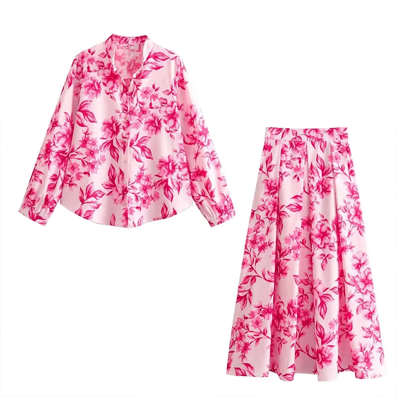 

Women's Fashion Chic High Waist Long Dress Women's Vintage Floral Print Single Breasted Long Sleeve Blouse Top Set